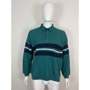Vintage Green Line Striped Rugby Shirt Pullover Polo XL Long Sleeve